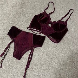 Burgundy Velvet Lingerie Set with Garter